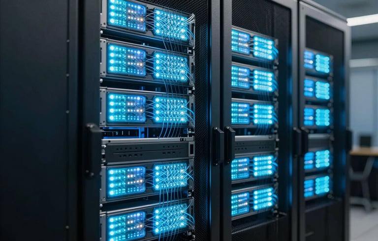 Detailed photograph of a high-tech Brazilian data center, glowing LED lights in shades of light blue on server equipment, symbolizing secure transmission and advanced technology.