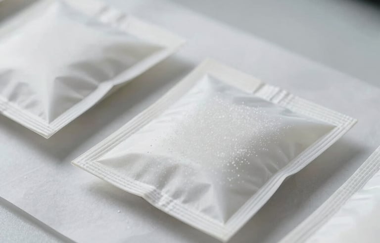Close-up professional studio photography of premium white silica gel sachets arranged on a clean Crisp Parchment surface. The lighting is soft and airy, emphasizing the clean texture and quality of the Tyvek packaging. Minimalist Scandinavian style composition in a European laboratory setting.