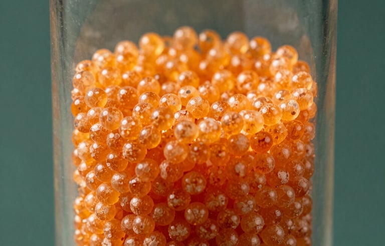 Close-up of orange indicating silica gel beads in a sophisticated glass vessel. The beads show a vibrant orange hue against a dark Matte Forest Green backdrop. Sharp focus on the texture of the desiccant, clean and technical look, with professional studio lighting.