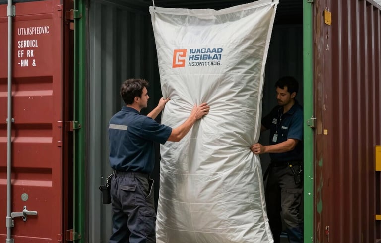 Professional photography of industrial shipping container desiccant bags being installed by experts in a clean warehouse. Strong contrast lighting, Matte Forest Green and Deep Ripe Crimson tones in the background equipment. Focus on technical expertise and reliable logistics protection in a European port.