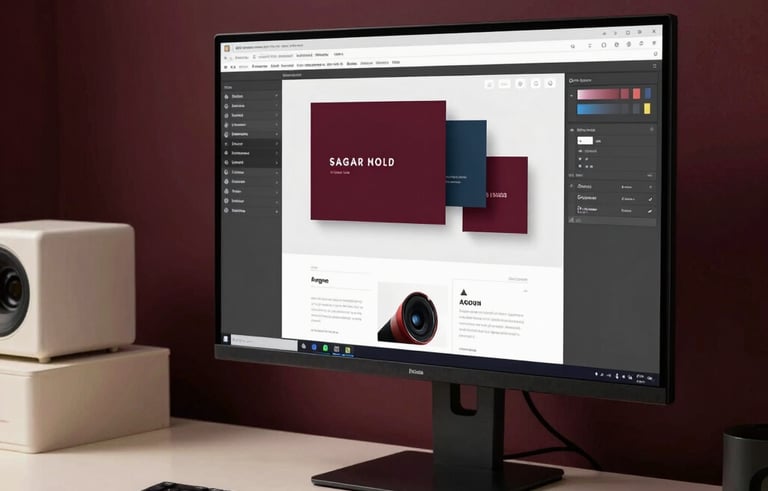 High-end photography focusing on a professional design workstation in a Spanish studio. A large monitor displays a sleek, modern brand identity project. The atmosphere is sophisticated with deep burgundy lighting accents and cream-colored minimalist decor.