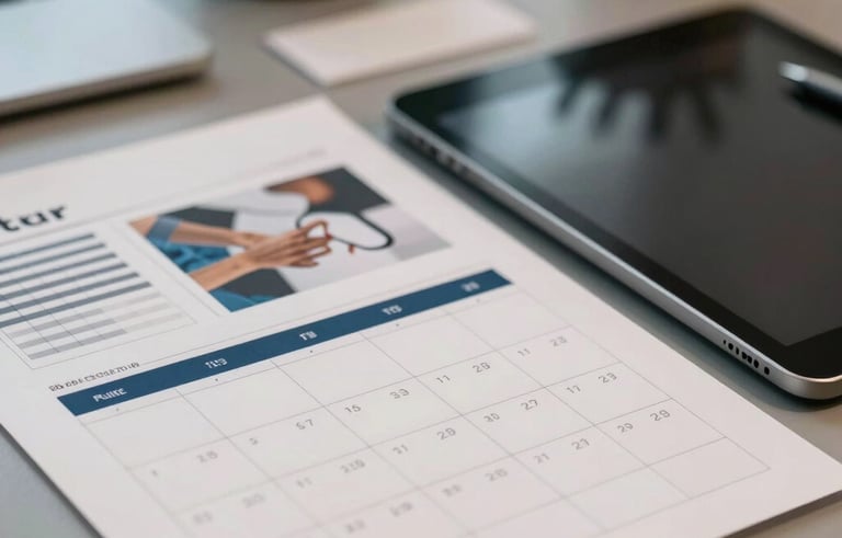 Close-up of an organized desktop in a creative agency. A tablet and printed editorial calendars are visible. The scene is shot with a shallow depth of field, highlighting strategic planning tools. Color palette includes blue-grey and soft cream tones with professional lighting.