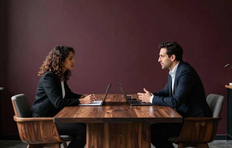 A professional brand strategy session in a minimalist Zaragoza office with warm dark wood furniture. Two Southern European consultants are discussing brand positioning around a large table. The lighting is sophisticated and moody, featuring burgundy and dark grey tones in the background.