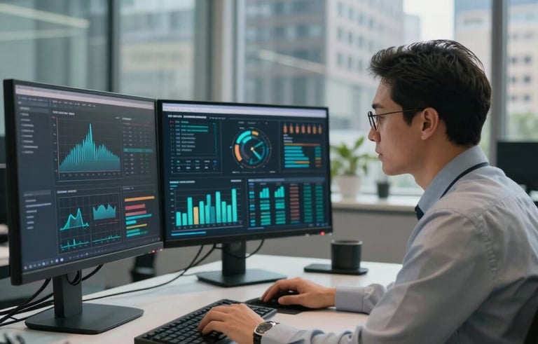 A professional analyst in a modern, glass-walled office in a North American city, reviewing complex data visualizations on multiple sleek monitors, lit by soft natural light.