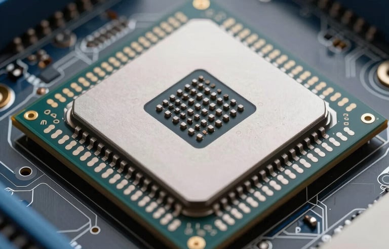 A sharp, clear photograph of a modern microprocessor or computer chip on a motherboard, symbolizing precision and machine learning power, featuring metallic textures and gray blue tones.