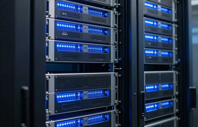 A close-up photograph of high-tech server racks in a data center, illuminated with cool blue LED lights, representing advanced technology and secure data processing in a professional North American environment.
