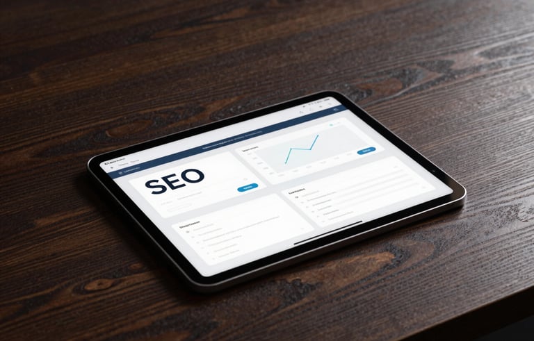 A high-end, minimalist creative studio setting. A sleek tablet sits on a dark wood surface, displaying complex SEO and usability metrics. The lighting is low-key and dramatic, emphasizing textures and professional precision in a modern North American design style.