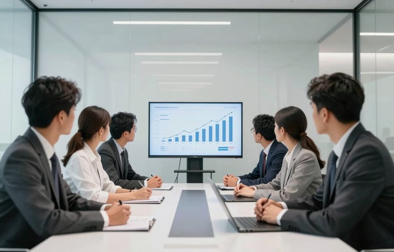 International business professionals in a sleek, minimalist glass-walled meeting room. They are focused on a thin digital screen showing growth trends. The aesthetic is modern and sophisticated, using a palette of white, light grey, and deep charcoal. Crisp, professional atmosphere.
