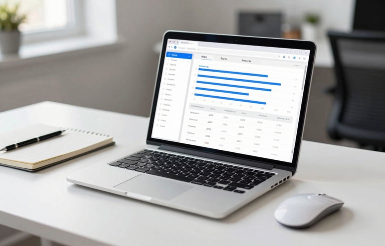 A clean, professional workspace in a North American corporate office. A high-resolution laptop screen displays a minimalist data analytics dashboard with blue accent lines. The desk is white, featuring a designer mouse and a simple notebook, captured with soft natural lighting and shallow depth of field.