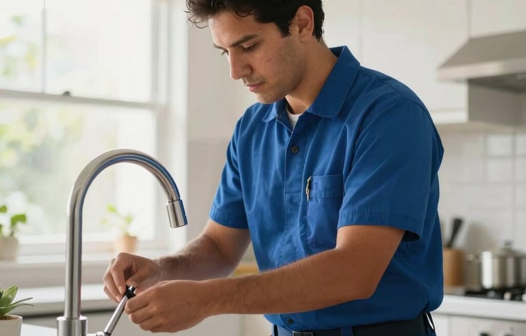 A professional handyman in a clean uniform fixing a modern kitchen faucet in a bright Latinoamericano home, natural morning light, high quality photography.