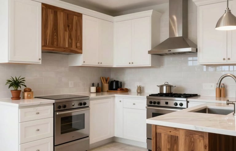 A wide angle shot of a beautifully remodeled, modern kitchen in a Latinoamericano house, featuring clean white cabinetry and warm wood accents, polished surfaces.