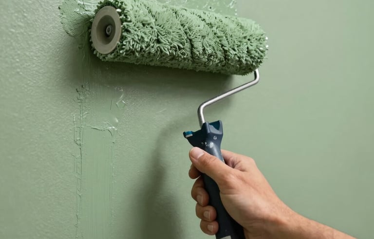Close-up of a professional painter's hand using a roller to apply smooth sage green paint to an interior wall of a stylish Latinoamericano residence.