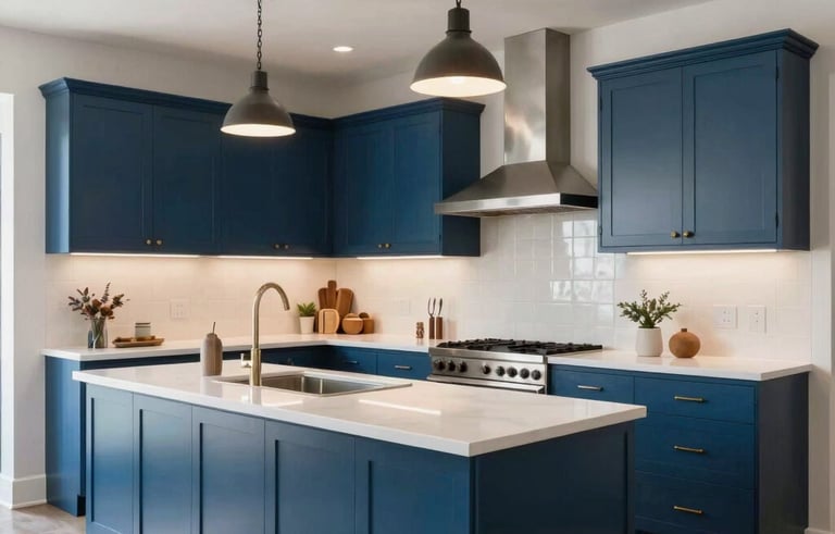 A wide-angle professional photograph of a fully transformed kitchen in Los Angeles. The space is a modern marvel with steel blue cabinetry, polished white surfaces, and industrial-style lighting. The design emphasizes a bold revival from old to outstanding. The composition is clean, showcasing a high-conversion, functional residential kitchen.