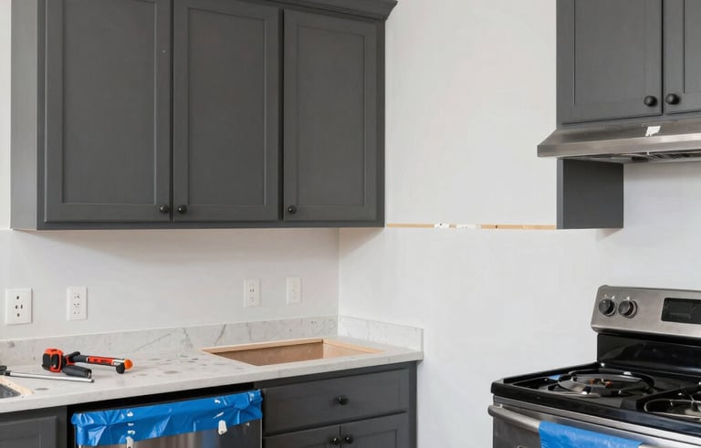 A mid-renovation photograph of a kitchen in a Los Angeles residence. New custom cabinets in dark gray are being aligned and installed against a fresh white wall. Steel blue protective film is visible on new stainless steel appliances. The atmosphere is productive and results-driven, showing the practical transformation process with professional tools nearby.