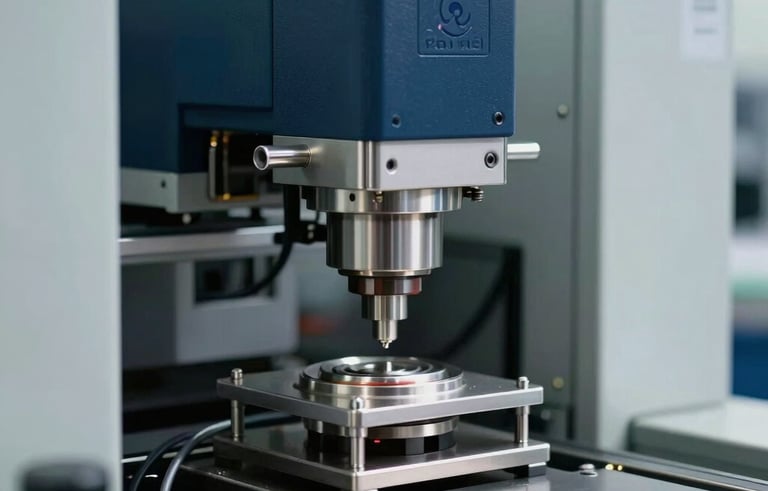 Close-up photography of a precision manufacturing line for premium domestic appliances in Central Europe. High-tech assembly equipment is shown with a focus on quality craftsmanship. Colors: steel blue, navy blue, and pale gray.