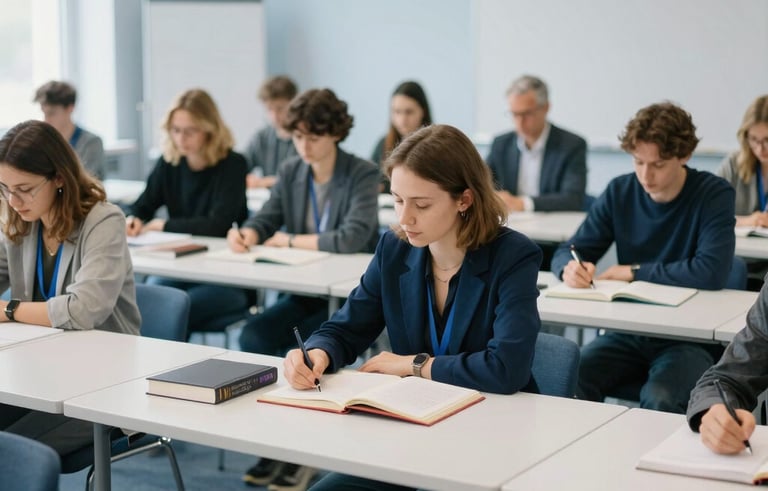 An inviting photography of a modern educational seminar in a Slovak venue. People are seated at clean white tables with books, engaged in a workshop. Soft morning light creates an inspiring atmosphere. Palette: pale blue, white, and navy blue.