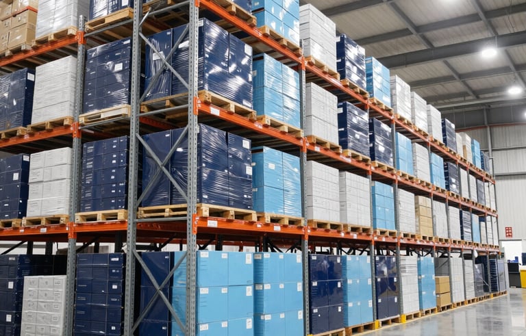A wide-angle shot of a modern wholesale distribution center in Central Europe. High steel racking is organized with boxed goods under bright, even industrial lighting. The atmosphere is professional and orderly, featuring a palette of navy blue, light blue, and white.
