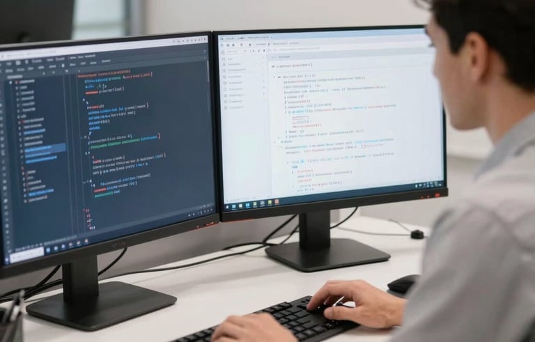 A high-end North American office setting featuring a software developer focused on a dual-monitor setup displaying clean website code. The lighting is bright and professional with a palette of slate blue and off-white.