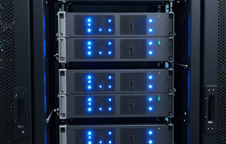 A close-up photograph of high-tech server racks in a North American data center, glowing with light blue and slate blue indicator lights, symbolizing powerful software solutions.