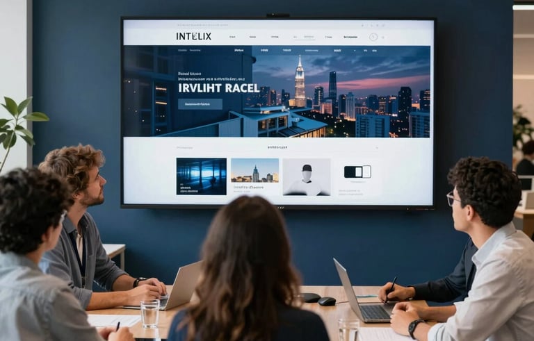 A creative meeting in a modern US design studio where team members look at a large screen displaying a sophisticated website layout. Professional atmosphere with navy blue accents.