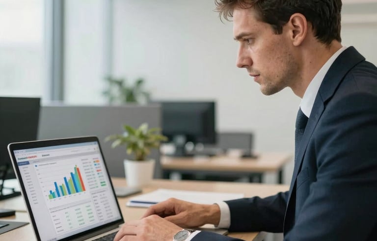 A Western European business manager in a professional office, looking at a laptop screen showing clean financial charts and dashboard data for a transport company. Professional and bright lighting.
