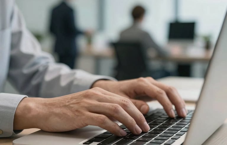 Close-up of professional hands typing on a laptop keyboard in a bright, modern Western European office. In the background, a blurry business setting suggesting security and digital efficiency.