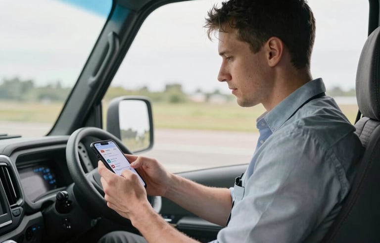 A professional Western European driver in a modern motorcoach cabin, using a smartphone to log expenses on a clear interface. Soft daylight filtering through the large bus windows, clean interior, professional attire.