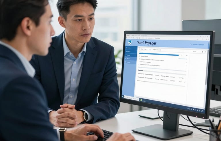 A professional North American office setting with two property management consultants in business attire viewing Yardi Voyager software on a sleek desktop monitor, bright natural morning light, clean corporate atmosphere, navy blue and light blue color palette.