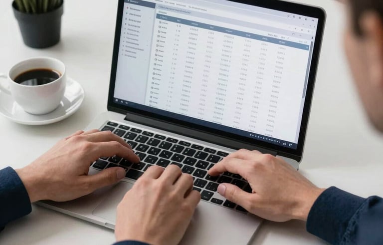 High-angle shot of a clean workspace in a US office, hands typing on a modern laptop showing property data charts, cup of coffee, professional environment focused on efficiency, navy blue tones.