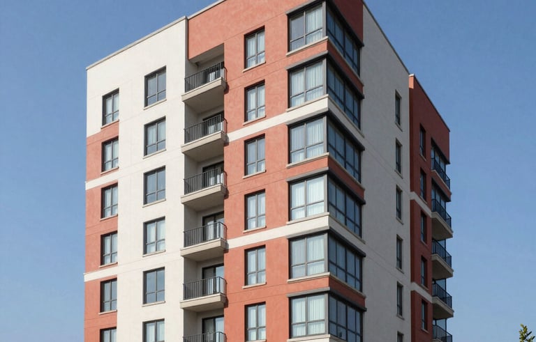 Modern multifamily residential apartment building in a North American suburb, architectural photography with crisp blue sky, conveying luxury and efficiency, coral and off-white accents in the environment.