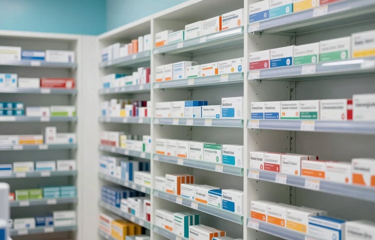 A professional and clean interior of a modern pharmacy in a South Asian city. Neatly organized shelves are filled with various medicine boxes and health supplements. The lighting is bright and hospital-clean, with soft accents of medium blue and sky blue in the decor.