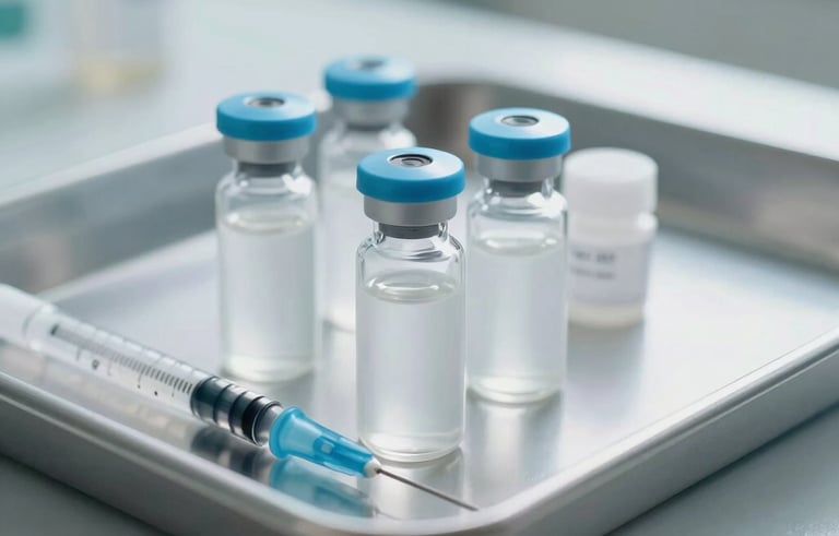 A close-up photograph of professional medical injection vials and sterile equipment placed on a clean tray in a bright South Asian medical clinic. The lighting is soft and natural, emphasizing safety and clinical precision with pale blue accents.