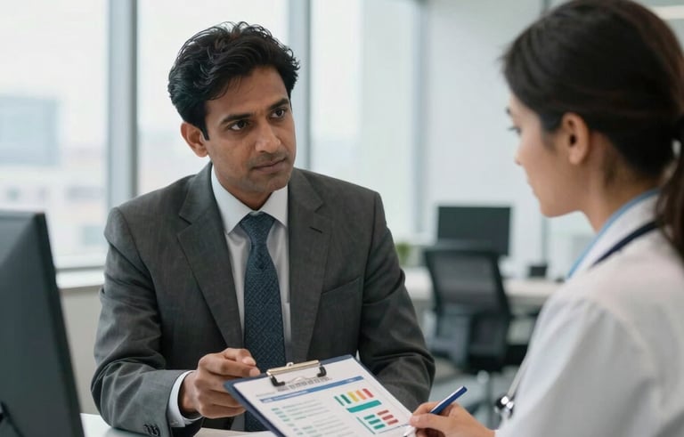 A professional medical consultant in South Asian formal attire discussing pharmaceutical data charts with a healthcare professional in a well-lit, modern corporate office. The room has large windows and a clean slate gray and white palette.