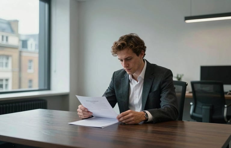 Professional photography of a modern, high-end office interior in London. A person in professional attire sits at a dark wood desk, reviewing a loan agreement with a sense of relief. Natural light through large windows, soft light blue-grey and off-white color palette. Northern European / British setting.