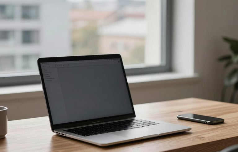 A high-end, minimalist Northern European home office with a professional laptop on a clean wooden desk, soft natural lighting, and a blurred view of a modern city through the window.