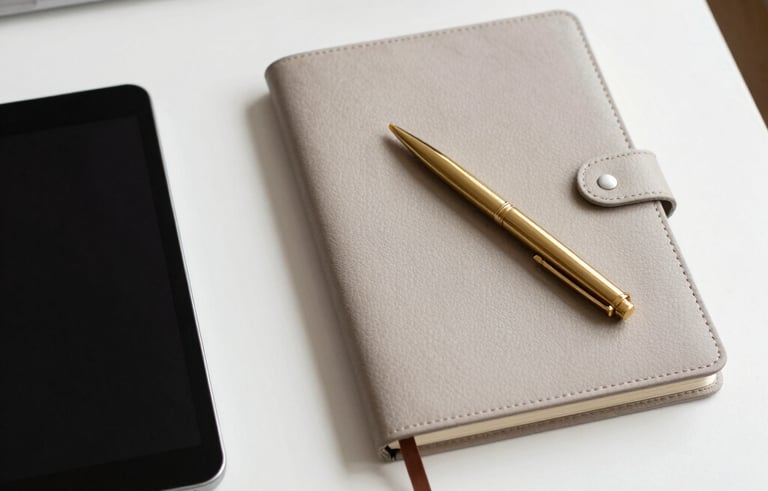 A top-down view of a designer table with a tablet, a stylish notebook, and a gold pen in a bright, modern studio in Northern Europe.