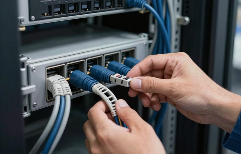 A close-up of a telecommunications rack with neatly organized navy blue and grey cables. A technician's hand is visible checking a connection in a high-tech server room in a Latin American / Spanish facility. Lighting is professional and clean.