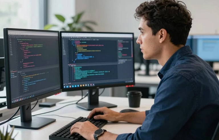 A professional software developer in a modern, clean office in a Latin American / Spanish setting. The workspace features sleek monitors showing lines of code, with navy blue and slate grey corporate accents in the background. Natural morning light creates a bright, productive atmosphere.