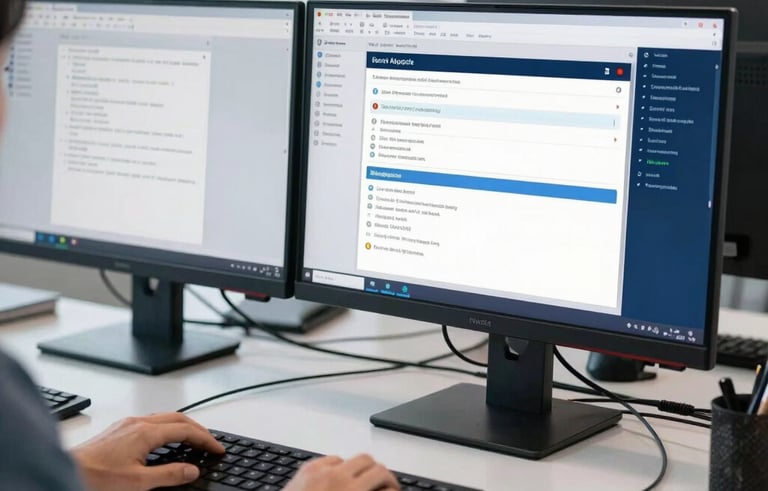 A tidy and professional technical support workstation in a Latin American / Spanish business district. Two high-resolution screens display system analytics. The setting is bright, using a palette of navy blue and light grey to convey a modern corporate trust.