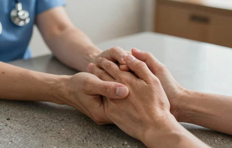 Close-up shot of two people's hands gently clasped together over a warm pebble gray tabletop in a modern US home. Soft, shallow focus, highlighting the compassionate connection between a professional caregiver and a client.