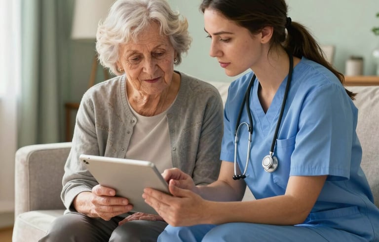 Photography of a compassionate caregiver sitting next to an elderly woman in a bright North American living room, showing her how to use a tablet. The room has soft sage green accents and warm wooden floors. Natural morning light, professional style.
