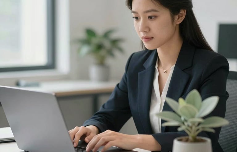 A professional administrative workspace in a North American setting, featuring a clean desk with a laptop and a small vase of soft sage green leaves. The lighting is bright and supportive, conveying an efficient and reliable service environment.