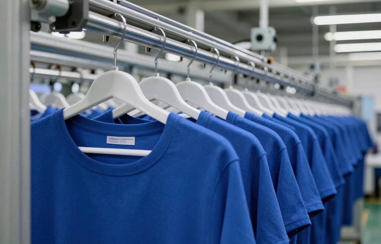 Detailed photography of an automated overhead hanger transport system in a modern textile factory. The scene shows garment hangers moving along a sleek metal track with high-tech sensors. Lighting is professional and industrial with highlights in highlight blue and deep blue. The setting is a South American / Brazilian industrial facility, clean and highly efficient.