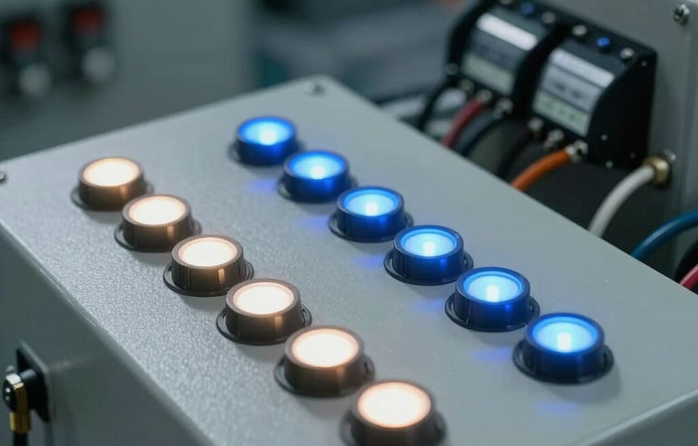 Close-up photography of an industrial automation control panel with glowing lights in blue and white. Mechanical textile components are visible in the background, out of focus. Professional industrial aesthetic with high contrast and sharp details.