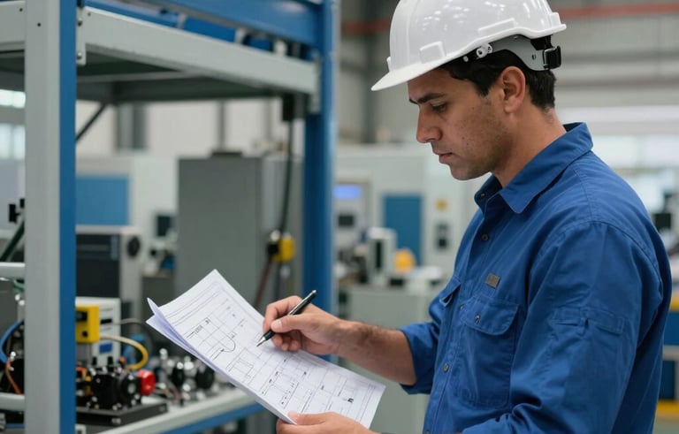 A professional industrial engineer in a South American / Brazilian facility reviewing a technical blueprint for a hanger system layout. The atmosphere is professional and technological, featuring deep blue and light grey tones in the background equipment.