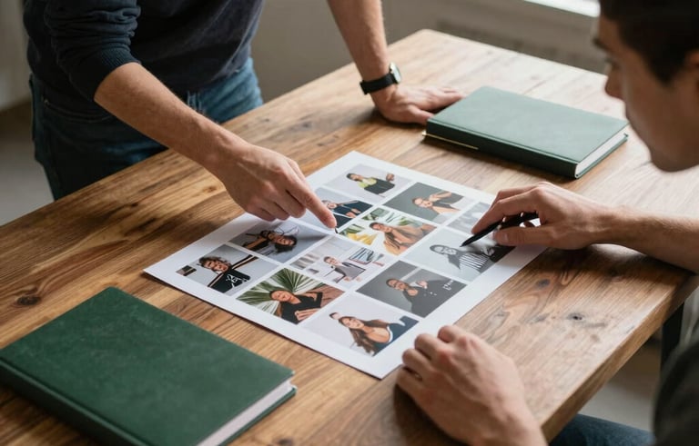 Photography of a collaborative workspace in a North American studio. Two professionals are seen from above, planning a social media grid on a rustic warm brown wooden table with matte forest green notebooks. Natural, soft window lighting.