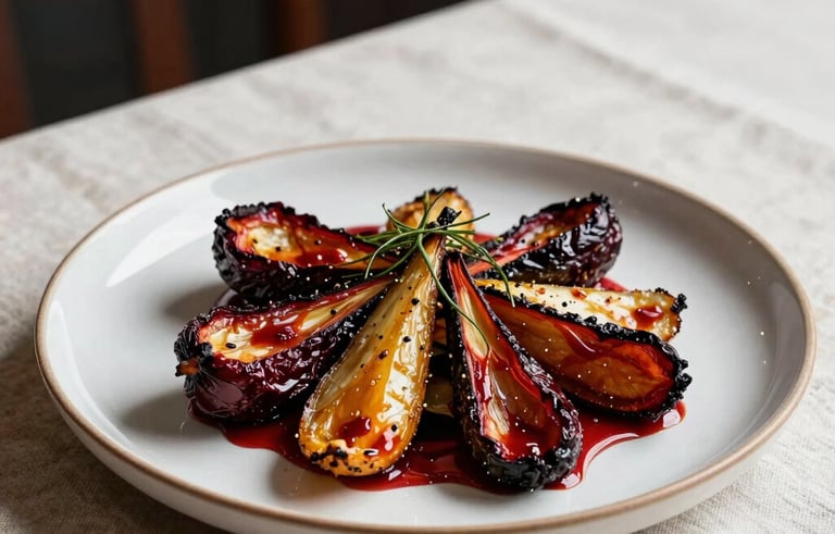 High-end photography of a gourmet dish in a cozy Scandinavian-style restaurant in North America. A plate of farm-to-table roasted vegetables is set on a crisp parchment linen cloth. Professional lighting highlighting deep ripe crimson colors.