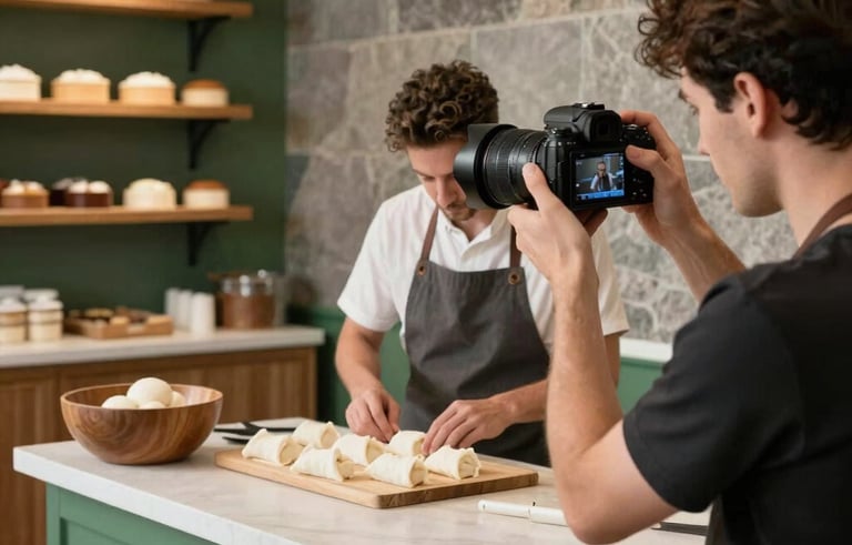 A behind-the-scenes shot in a North American artisanal bakery. A professional content creator using a modern camera is capturing a baker at work. The scene is warm with matte forest green accents and stone grey textures.