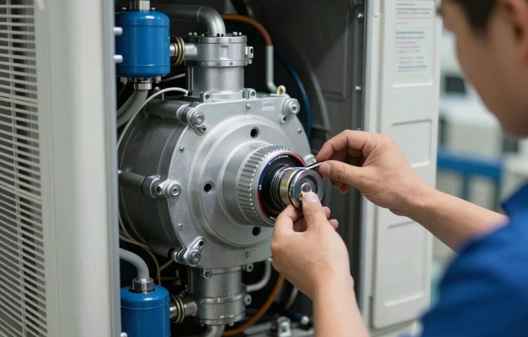 A close-up, sharp photograph of a high-efficiency interior air handling unit being expertly repaired by a technician in a North American utility room. The lighting is cool and technical, highlighting the industrial silver and blue components of the air system. The style is engineering-grade and professional.