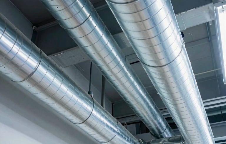 A wide-angle professional photograph of clean, shiny silver air ducts in a modern North American industrial ceiling. The lighting is bright white and blue, conveying a sense of sterile, clean airflow and technical excellence in ventilation services.